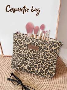 1PC Sturdy Leopard Print Cotton Hexagon Pouch - Structured Geometric Design & Smooth Zipper Travel Toiletry Organizer | Women's Accessories Storage | Geometric Cosmetic Case | Small Essentials Holder | Zipper Closure | Boho Chic Style | Fabric | Waterproof Lining | Minimalist Design | Gym Toiletries Bag