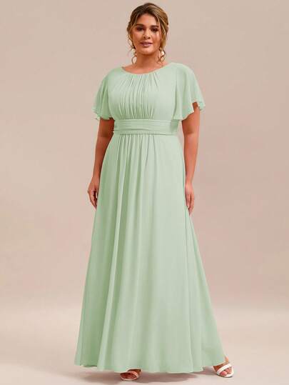 优雅雪纺长款鼠尾草绿伴娘礼服，适合婚礼派对和秋季婚礼宾客