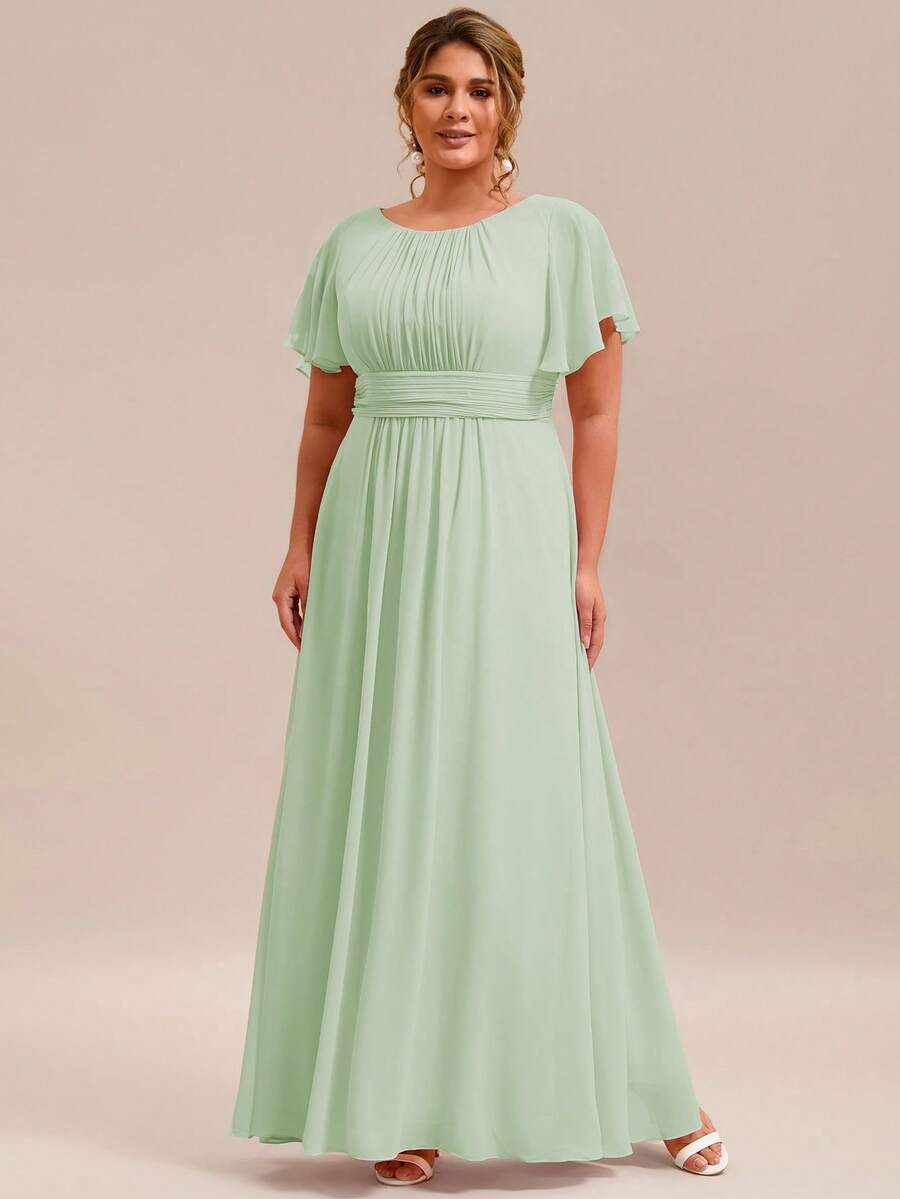 EVERPRETTY 优雅雪纺长款鼠尾草绿伴娘礼服，适合婚礼派对、婚礼宾客及新娘母亲穿着。