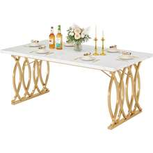 LITTLE TREE Modern Dining Table For 4-6 People, 63" Large Rectangular Kitchen Table With Faux Marble Tabletop And Geometric Legs, White & Gold - White - View 1