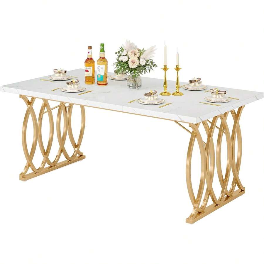 LITTLE TREE Modern Dining Table For 4-6 People, 63" Large Rectangular Kitchen Table With Faux Marble Tabletop And Geometric Legs, White & Gold - White - View 1
