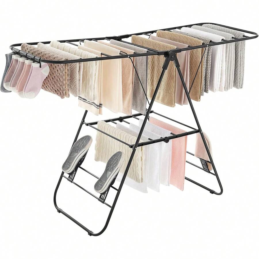 Airer, Foldable Clothes Drying Rack, Clothes Horse With Height-Adjustable Wings, Free-Standing Laundry Drying Rack, Indoor And Outdoor Use, Steel, Black LLR502B01 - Black - View 1