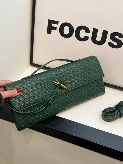 Women's Premium Solid Color PU Woven Texture Clutch Bag, Crossbody Design