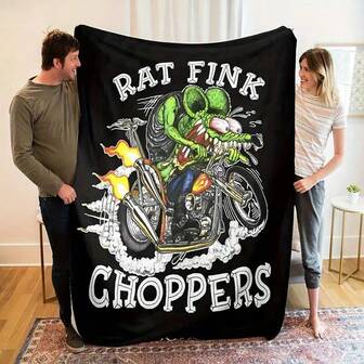 Rat Fink Choppers 法兰绒羊毛毯 - 数码印花柔软舒适涤纶针织，现代风格，图案生动，适合卧室、客厅、办公室和旅行 - 四季舒适，1 件