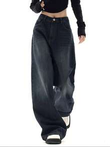 Jeans For Women Wide Leg Baggy Jeans High Waist Y2K Cargo Pants Casual Loose Boyfriends Trousers Vintage Streetwear - 深色水洗藍 - 查看 2