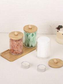 3 Pieces Clean Swab Rack With Tray, Designed Specifically For Organizing And Storing Bathroom Items. These Transparent Plastic Jars With Wooden Lids Are Perfect For Storing Balls, Clean Swabs, And Dental Floss. Bathroom Accessories Bathroom Organizer Back To School Storage