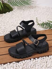 European & American Style Fashion Strap Roman Sandals With Wedge Platform - Black - View 3