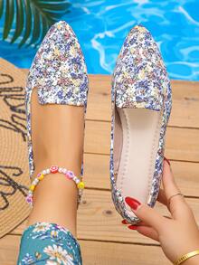 Export Plus Size EU 35-45 Blue & Yellow Ditsy Floral Pointed Toe Flat Slip-On Casual Loafers, Versatile Comfortable Lightweight Women's Flat Shoes For Spring, Summer, Autumn - Blue and Yellow Small Florals - View 2