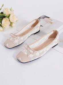 2025年新款蝴蝶结方头粗跟一脚蹬休闲舒适软底女鞋 - 杏色 - 查看 1