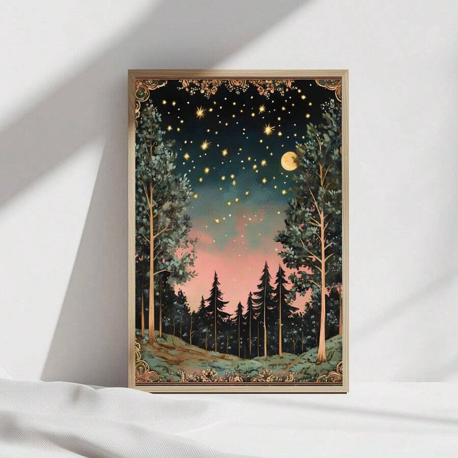 1 幅月亮和星星墙面艺术画黑暗森林印刷帆布画森林萤火虫海报复古风景装饰卧室、客厅或办公室墙壁装饰礼物送给她无框