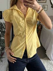 Women Y2k Coquette Button Down Shirt Cute Preppy Cap Sleeve V Neck Slim Fit Slim Fit Ruched T Shirt Polo V Neck Summer Crop Top Casual 90s Vintage Blouse Fairy Grunge Aesthetic Clothes Streetwear - 黃色 - 查看 1