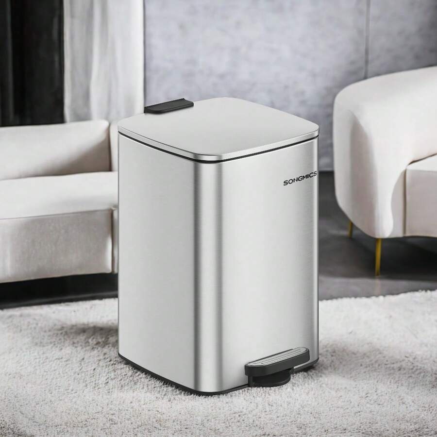 SONGMICS 5.2-Gallon Stainless Steel Trash Can With Inner Bucket - Kitchen Garbage Can, Soft Close, Stays Open Feature, 20L Trash Bin - 金屬銀 - 查看 1