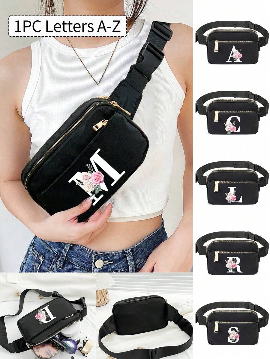 Printed With Initial A-Z Solid Color Chest Bag,Sports And Fitness Bag, Women's Bag Shoulder Bag, Fanny Bag,Coin Bag Small Bag Bag Outdoor Chest Bag Mobile Phone Storage, Multifunctional Yoga Pocket Waist Bag, Waterproof Sports Adjustable Shoulder Bag, Suitable For Exercise, Running, Traveling, Hiking, And The First Day Of School Preppy Bum Bag, Keeping You Fashionable And Orderly,Mother's Day Gift - Black - View 1