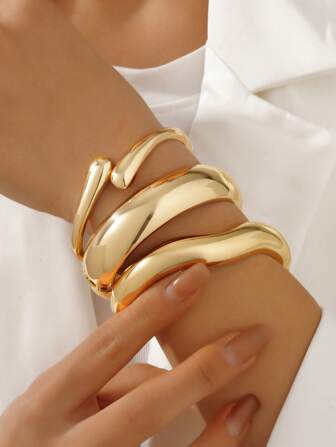 1pc/Set Elegant Gold Tone Wavy Bangle, Versatile Fashion Jewelry Set Suitable For Street, Travel, Party, Graduation Gift
