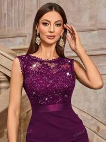 MIUSOL Vestido ajustado de cóctel con cuello redondo sin mangas, con encaje y lentejuelas con diseño floral clásico