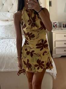 Beach Holiday Printed Lace-Up Butter Yellow Dress For Women Sexy Halter Neck Backless Mini Dress Elegant Sleeveless Robe Graduation Outfit