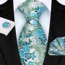 3 Piece Set: 8cm Floral & Patterned Necktie, Handkerchief, And Cufflinks Men's Necktie Set, High Quality Classic Business & Casual Tie Set, Men's Wedding Accessories, Family, Christmas, Party Gift