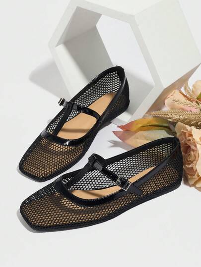 Women's Flat Sandals, Breathable Mesh Black Slip On Strap, Comfortable&Lightweight, Fits With Dress, Suitable For Outdoor & Beach Wear