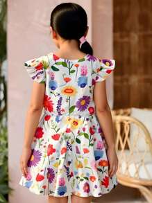 Seven Princess 1 pièce Robe d'été décontractée et confortable pour filles, à imprimé floral, col rond, manches courtes, taille cintrée et coupe évasée