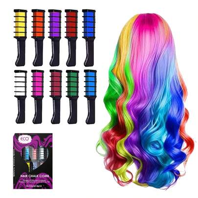 ECO FINEST FINEST 10 Color Temporary Bright Hair Chalk Comb For Carnival, Washable Hair Chalk Comb For Party Cosplay DIY, Keeps 24+ Hours Long, Non-Damage Native Hair Color, Hair Chalk Comb For Birthday Halloween Christmas,Disposable Color Quick Hair Brush, Pop Colors, Disposable Multi-Color Hair Dye Stick For For Parties - Hair Styling Accessories, Temporary Hair Dye Chalk Combs, Birthday Hair Dye Combs For Girls & Boys, For Role Play