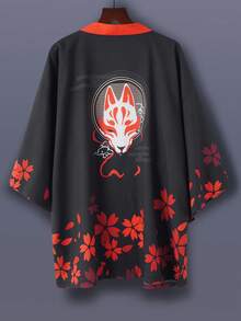 Loose Fit Fox Retro Print Vintage Street Style Beach/Travel Casual Thin Shawl Kimono Cover Up, Japanese Inspired Loose Fit 3/4 Sleeve Yukata Open Front Thin Summer Lightweight Outerwear, Fashion Shawl Top, Suitable For Festival/Group Uniform, Cooling Feeling - Black - View 1