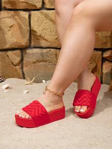 Wide Fit New Summer Women's Casual Fashion Thick-Soled Wedge Heel Red Wave Patterned Outdoor Beach Comfortable Sandals - Red - View 5
