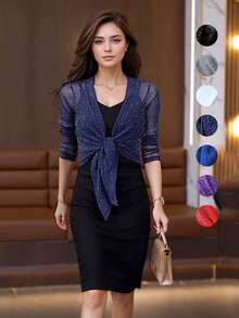 1pc Elegant Fashion Transparent Glittery Women Shawl, Tie Front 3/4 Sleeve Cropped Cover Up, Hollow-Out Breathable Shiny Shawl, Suitable For Bikini Cover-Up, Daily Wear Shawl, Wedding Party Little Black Dress Shawl - Multicolor - View 1