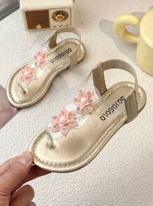 1 par de sandalias planas para niños con diseño de flor grande, estilo princesa de moda y suela antideslizante, en color amarillo. Sandalias abiertas de verano para niños de 3 a 12 años, para interior y exterior, de vacaciones
