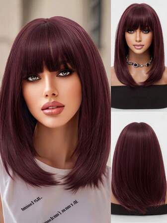 Elegant Charming Medium Fuchsia Shoulder Length Medium Straight Wig Casual Red Bob Wig With Bangs Female Synthetic Heat Resistant Fiber Wig Girls Wedding Costume Wig Everyday Party 16 Inch Luxurious Dark Red Wig