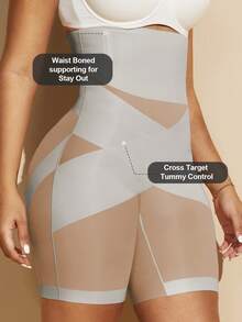 1件装女士高腰交叉收腹无缝塑形短裤，平坦小腹收腹紧身裤，塑身内衣 - 淺灰色 - 查看 7