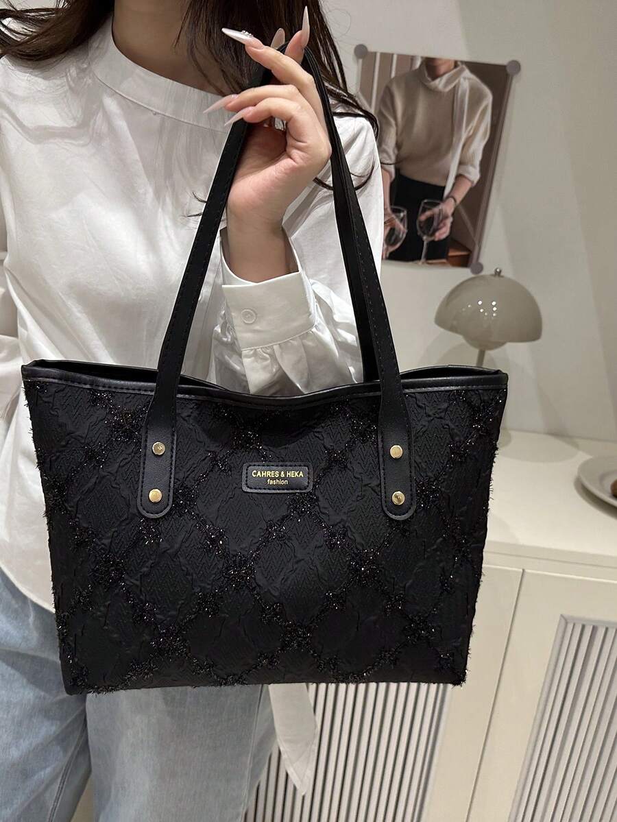 1pc Black Nylon Smooth Zipper Rhombus Pattern Rivet Inlaid Fashion Versatile Casual Commute Chic Shoulder Tote Bag, Suitable For Women's Daily Use - Black - View 1