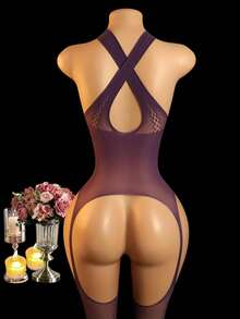 1pc Women's Purple Fishnet Sheer Bodystocking, Elastic Sexy See-Through Lingerie With Open Crotch, Sensual Fashion, Exotic Costume For Valentines, Sexy Jumpsuit