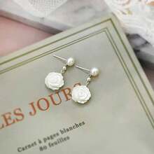 Kimberley Roses White Ivory Silver Pearl Ball Drop Flower Earrings - Ivory - View 3