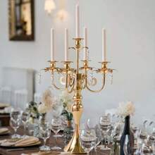20.3'' Tall 5 Arm Gold Candelabra Centerpiece For Table, Metal &Crysyal Candle Holder, Retro Candelabra/Candlestick Table Centerpieces For Party, Events, Home, Wedding Decor (1pc, Gold)