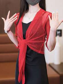 1pc Elegant Fashion Transparent Glittery Women Shawl, Tie Front 3/4 Sleeve Cropped Cover Up, Hollow-Out Breathable Shiny Shawl, Suitable For Bikini Cover-Up, Daily Wear Shawl, Wedding Party Little Black Dress Shawl - Multicolor - View 13
