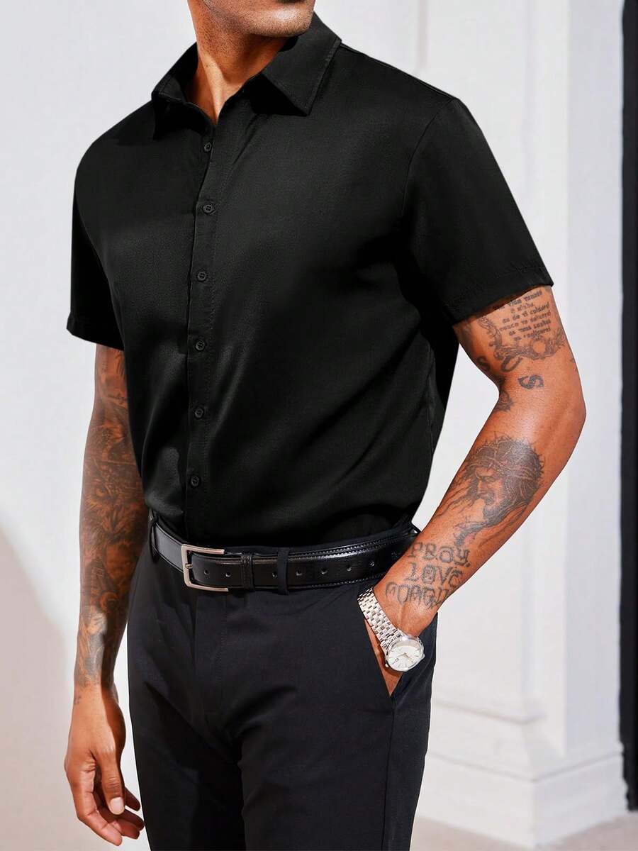 Runcati Mens Luxury Satin Silk Dress Shirts Casual Button Down Short Sleeve Prom Party Wedding Shirt - màu đen - Xem 1