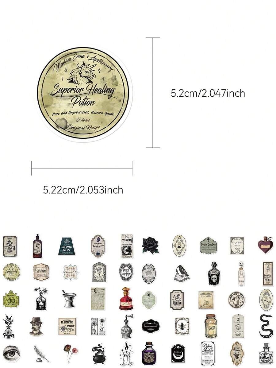 50張復古哥德風藥水標籤貼紙,魔法藥水貼紙,適用於筆記本電腦、行李箱、剪貼簿、房間裝飾、DIY手工、學校用品、開學季 - 彩色 - 查看 1