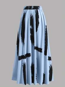 EARO 女士休闲宽松艺术水墨印花修身半身裙 - 天藍 - 查看 2