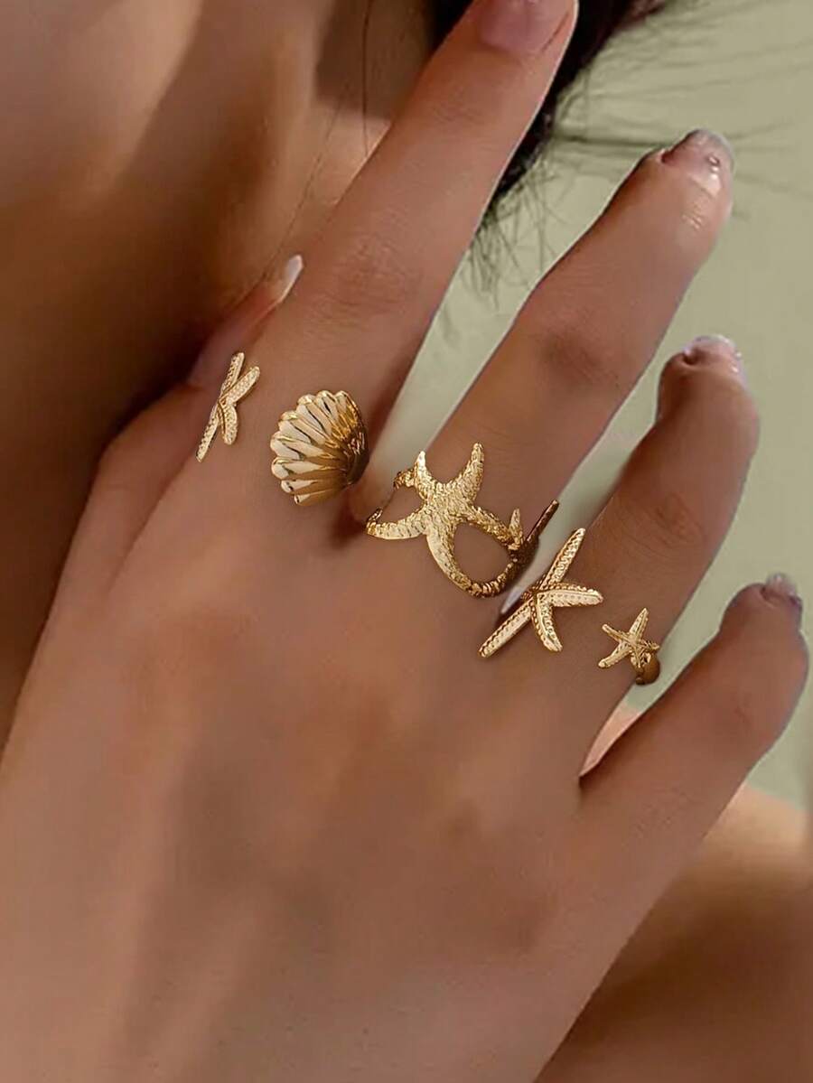 3 件套金属海洋主题时尚戒指,贝壳和海星设计,可调节开口戒指,适合女士,夏季海滩度假手饰 - 金色 - 查看 1