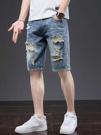 Vintage slitna jeansshorts för män, plusstorlek, lös passform, avslappnade femficksshorts, amerikansk stil, sommar
