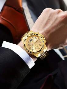 High-End Large Dial 3-Eye Steel Strap Men's Watch With Blue Sapphire Glass, Round Dial