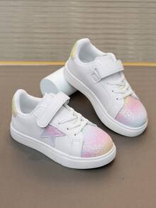 1 双女童亮片星星装饰轻便平底运动鞋，舒适防滑儿童户外休闲运动鞋 - 紅白色 - 查看 3