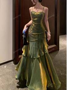 Vestido de fiesta de graduación con cintura estrecha perlada para mujer, con tirantes de espagueti, volantes, vestido de dama de honor para boda, vestido formal para fiesta y cóctel