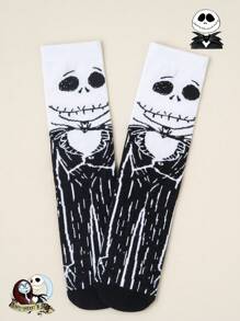 Disney 1 par, unisex, calcetines de media caña con dibujo de Jack de Disney, contraste negro y blanco, tejido suave, ajuste elástico, estilo gótico oscuro, set de calcetines de pareja/mujer, edición limitada para Pascua/verano/Halloween/pareja/mujer/calcetines blancos