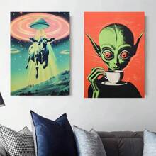 1pc /3PCS Wall Arts Posters Optinal Frame Pop UFO UFO Alien Drink Coffee Art Print Poster Cow Canvas Print Print Vintage Sci-Fi Wall Art Funny Home Decor