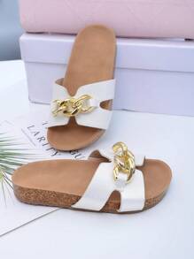New Fashion Chain Slip-On Flat Sandals, Casual Versatile Strap Slides Suitable For Daily Wear