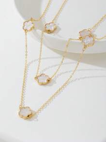 1pc Elegant Lucky White Clover Pendant Multi-Layered Long Necklace For Women