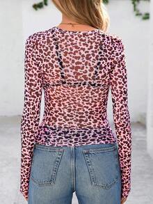 Women's Mesh Long Sleeve Top 2025 Spring Fashion Transparent Tulle Shirt Leopard Print Slim Y2K Go Out Fold Wear Top - 粉紅色豹紋色 - 查看 3