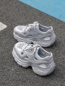 1 Pair Women's Thick Sole EVA Chunky Sneakers, Waterproof, Lightweight, Anti-Slip, Lace-Up Platform Casual Shoes - Silver - View 5