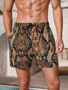 Men's Snake Skin Print Drawstring Waist Beach Shorts - Apricot - View 1